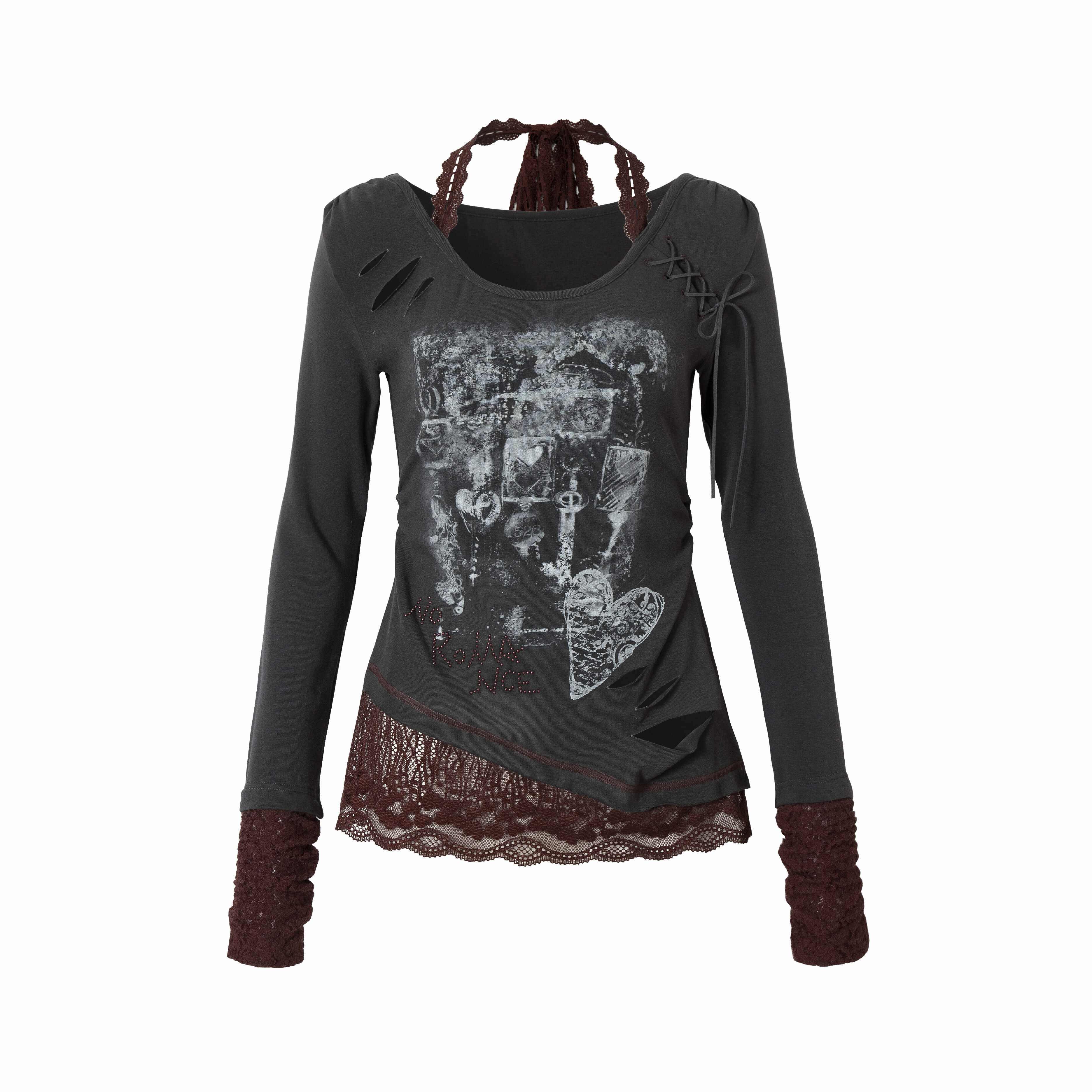 NO_ROMANCE_Viscose_Blend_Vintage_Print_Slim_Women_Round_Neck_Gray_Red_Long_Sleeve_T-Shirts_MISSTT