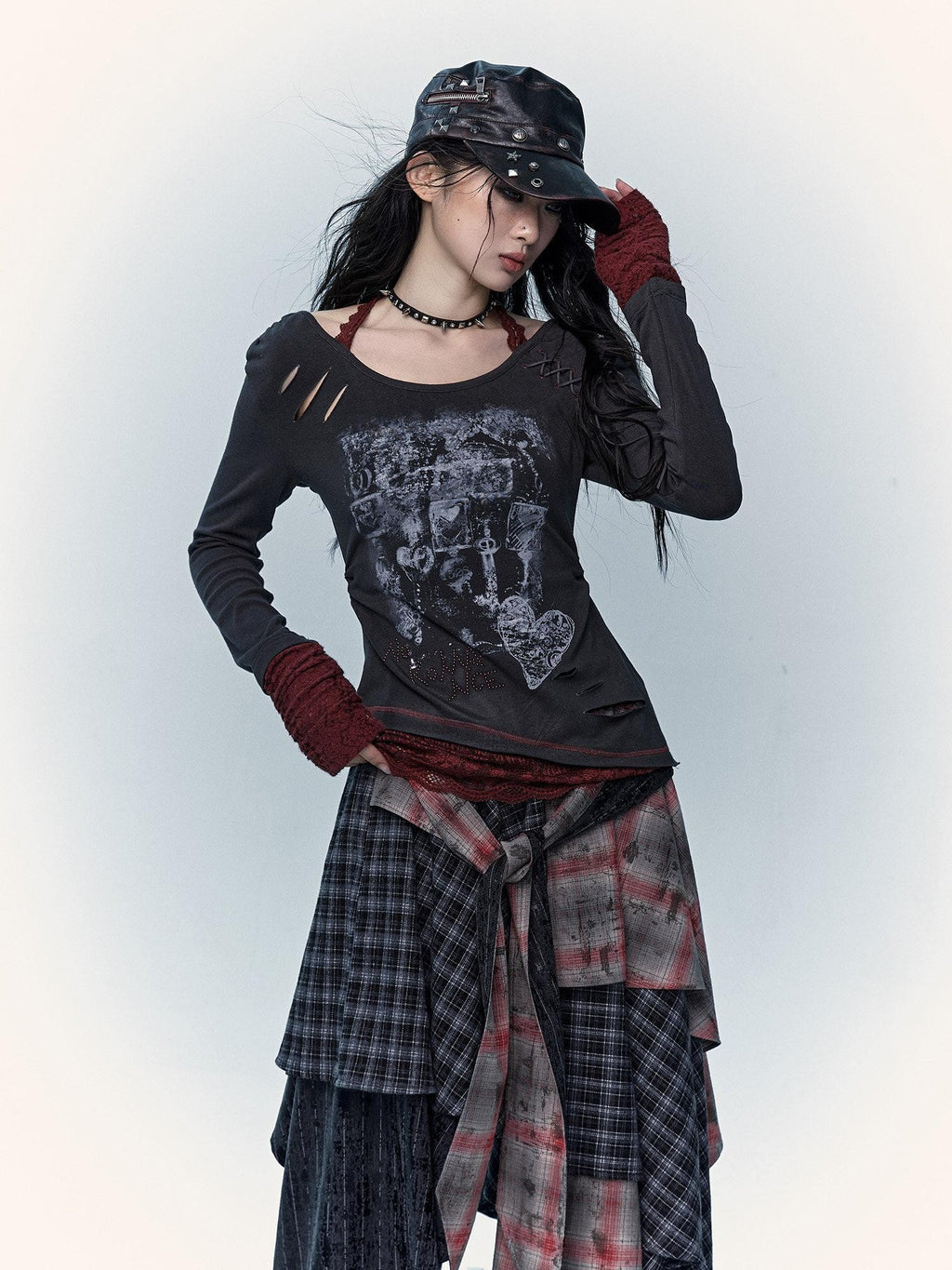 NO ROMANCE Viscose Blend Vintage Print Slim Women Round Neck Gray Red Long Sleeve T-Shirts