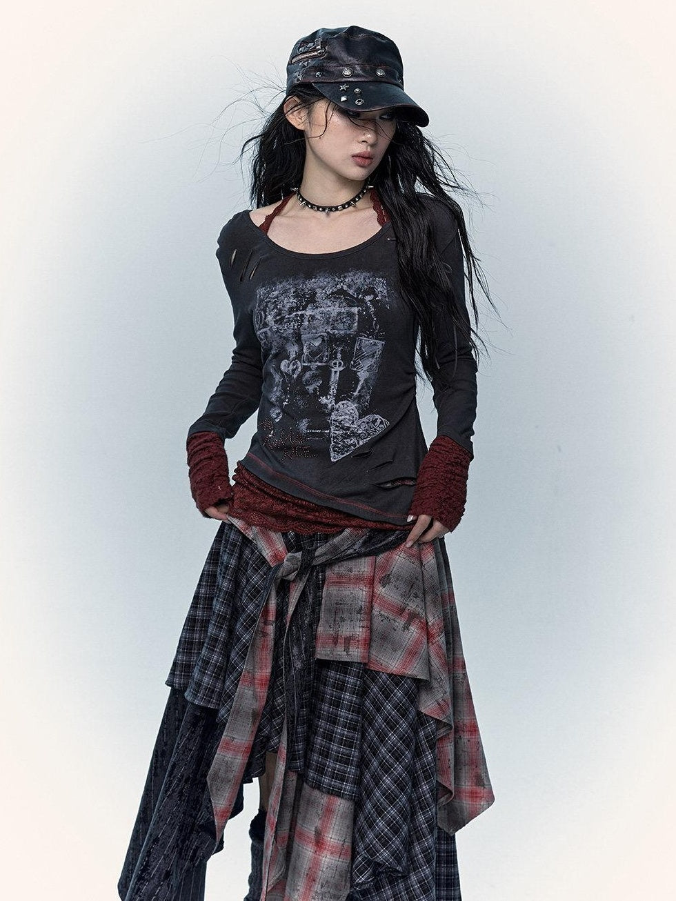 NO ROMANCE Viscose Blend Vintage Print Slim Women Round Neck Gray Red Long Sleeve T-Shirts