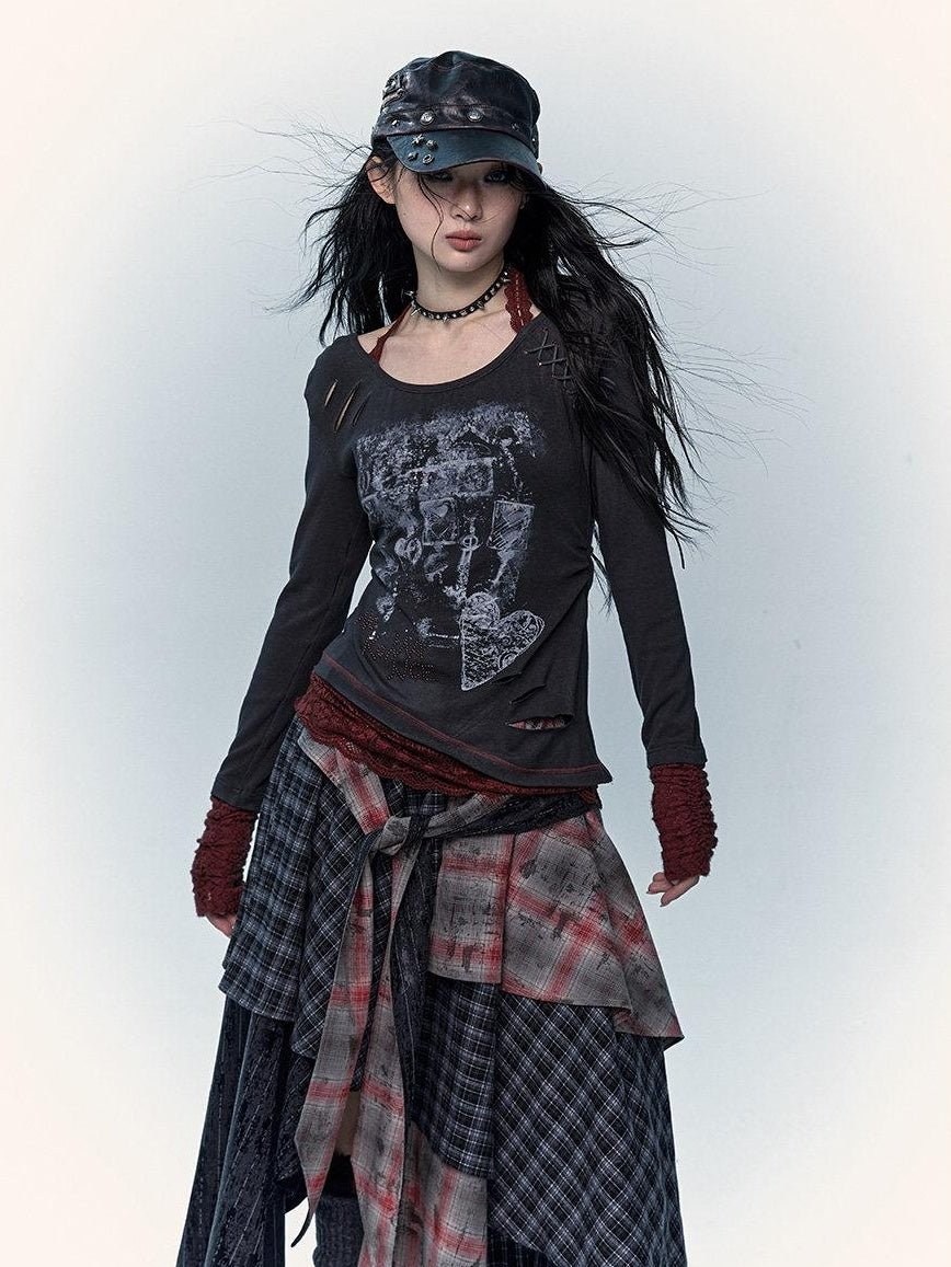 NO ROMANCE Viscose Blend Vintage Print Slim Women Round Neck Gray Red Long Sleeve T-Shirts