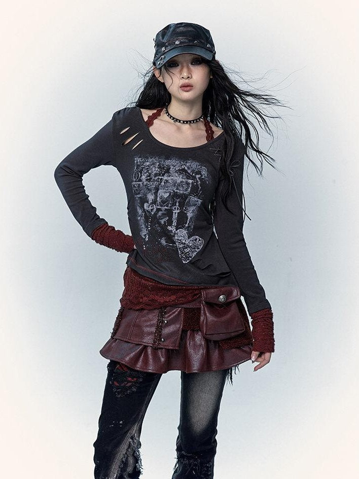 NO ROMANCE Viscose Blend Vintage Print Slim Women Round Neck Gray Red Long Sleeve T-Shirts