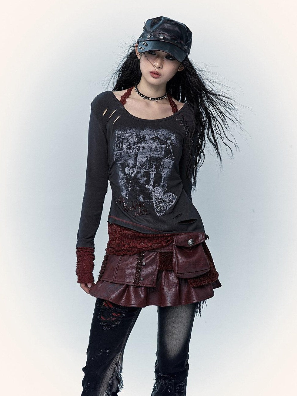 NO ROMANCE Viscose Blend Vintage Print Slim Women Round Neck Gray Red Long Sleeve T-Shirts