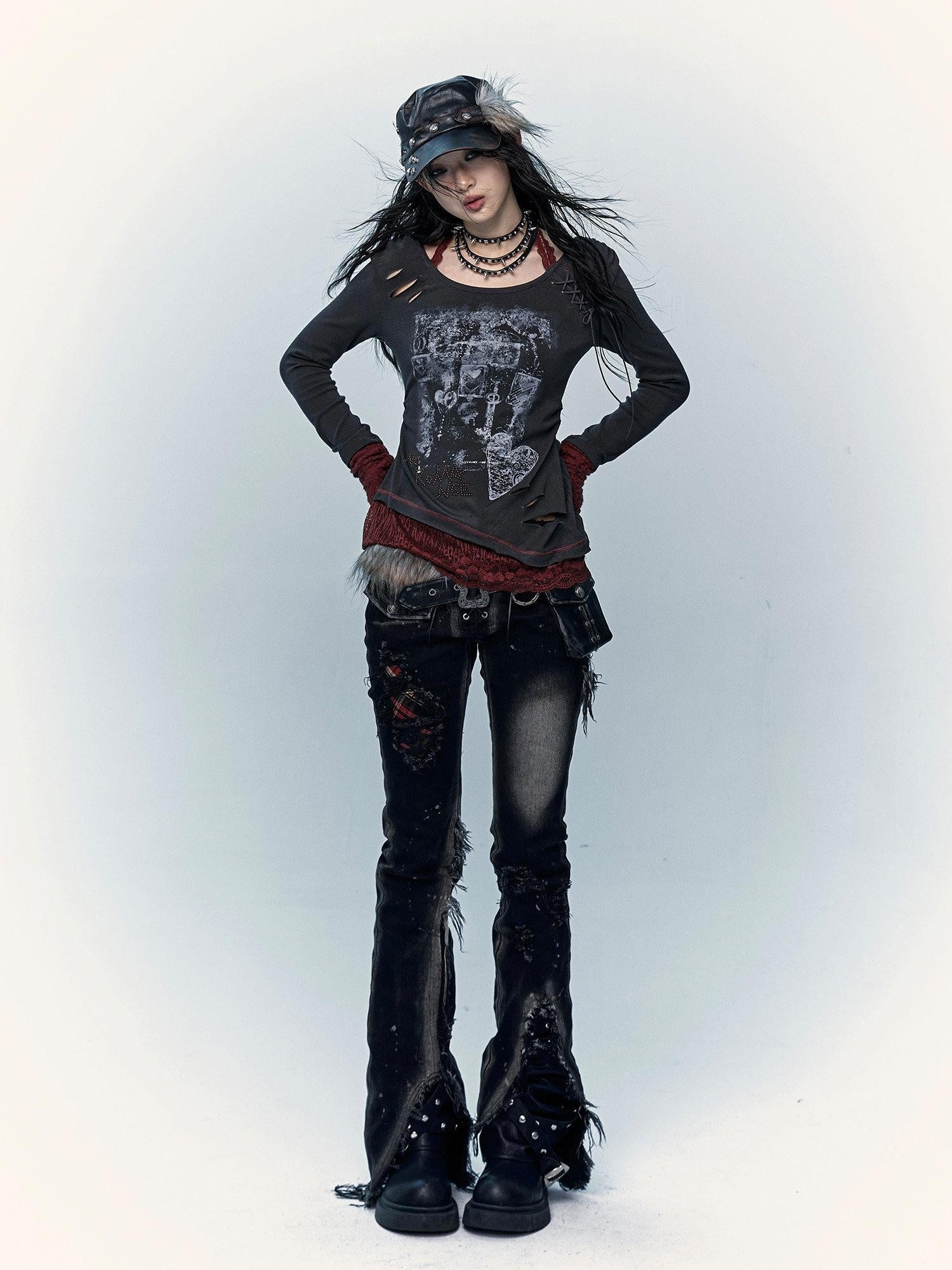 NO ROMANCE Viscose Blend Vintage Print Slim Women Round Neck Gray Red Long Sleeve T-Shirts