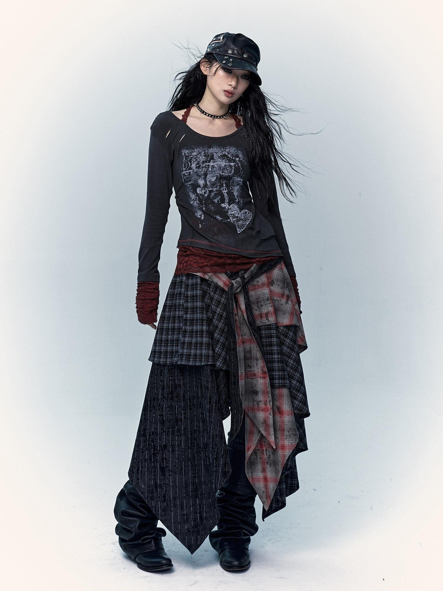 NO ROMANCE Viscose Blend Vintage Print Slim Women Round Neck Gray Red Long Sleeve T-Shirts