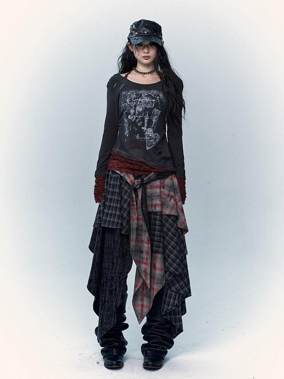 NO ROMANCE Viscose Blend Vintage Print Slim Women Round Neck Gray Red Long Sleeve T-Shirts
