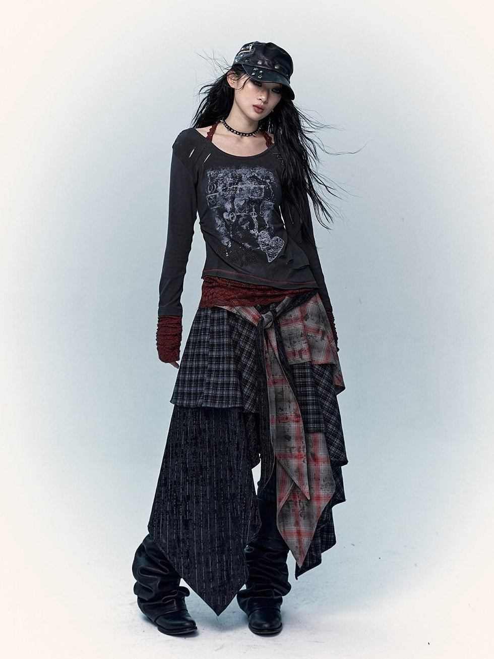 NO ROMANCE Viscose Blend Vintage Print Slim Women Round Neck Gray Red Long Sleeve T-Shirts