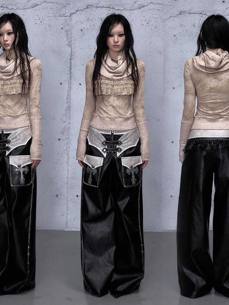 NO ROMANCE Washed Black Distressed Vintage Low Rise Non Stretch Ladies Wide-Leg Pants