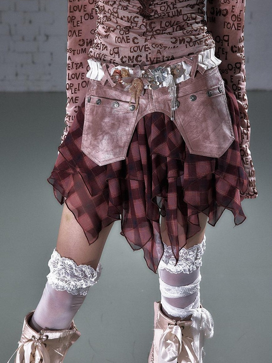 NO ROMANCE Washed Patchwork Asymmetric Hem Mid Rise Young Women Leopard Plaid Mini Skirts