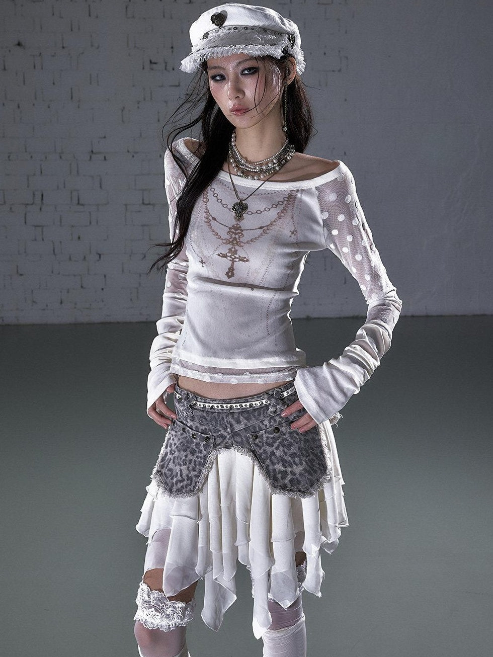 NO ROMANCE Washed Patchwork Asymmetric Hem Mid Rise Young Women Leopard Plaid Mini Skirts