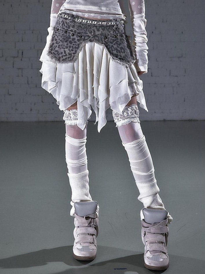 NO ROMANCE Washed Patchwork Asymmetric Hem Mid Rise Young Women Leopard Plaid Mini Skirts