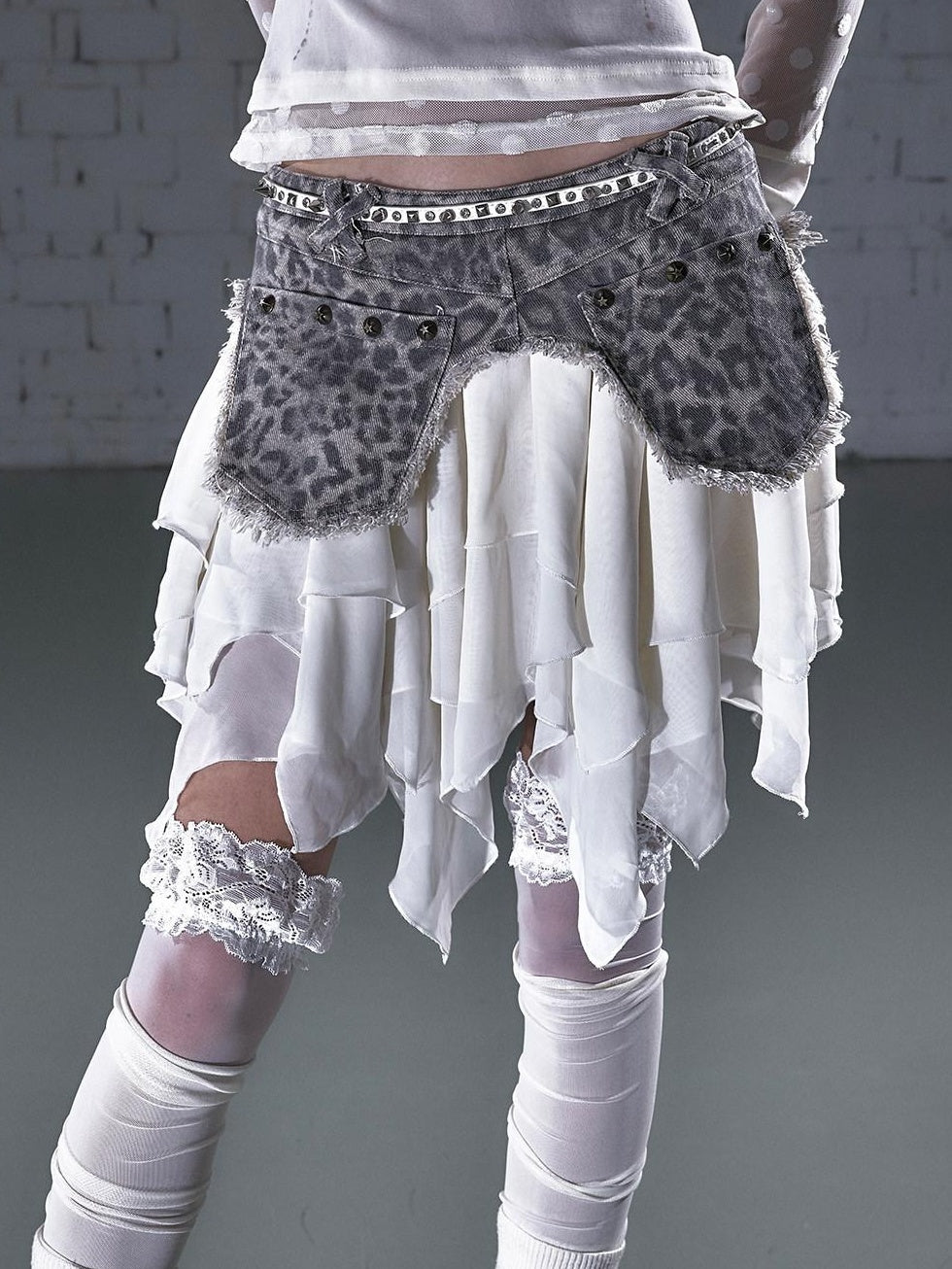 NO ROMANCE Washed Patchwork Asymmetric Hem Mid Rise Young Women Leopard Plaid Mini Skirts