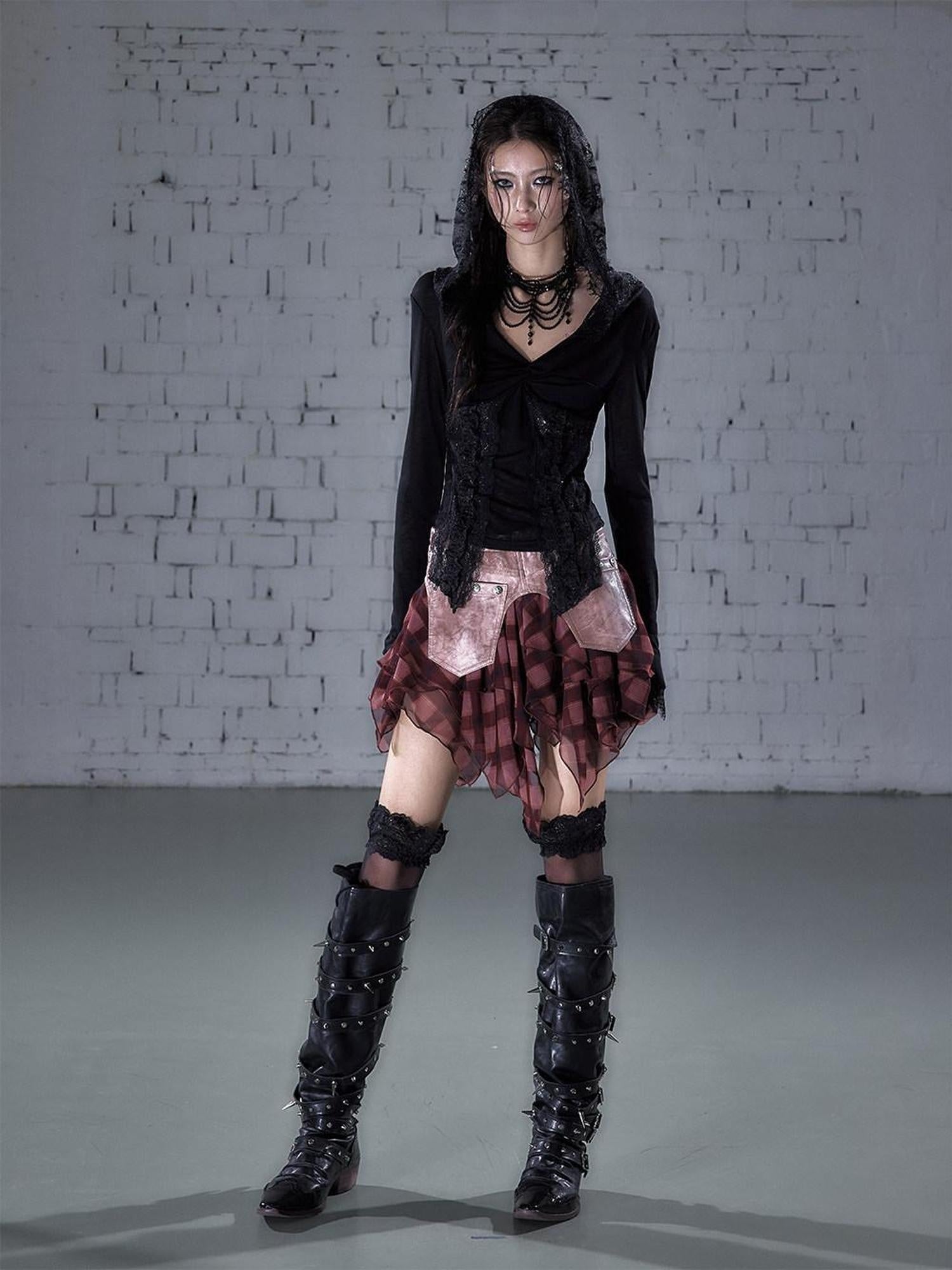 NO ROMANCE Washed Patchwork Asymmetric Hem Mid Rise Young Women Leopard Plaid Mini Skirts