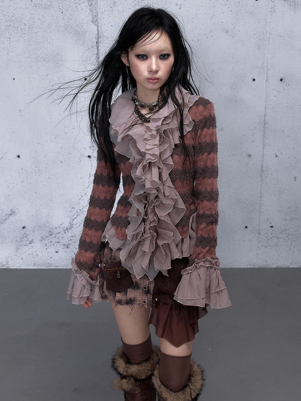 NO ROMANCE Wrinkle Resistant Vintage Slim Ruffle Collar Bell Sleeve Women Polyester Blouses