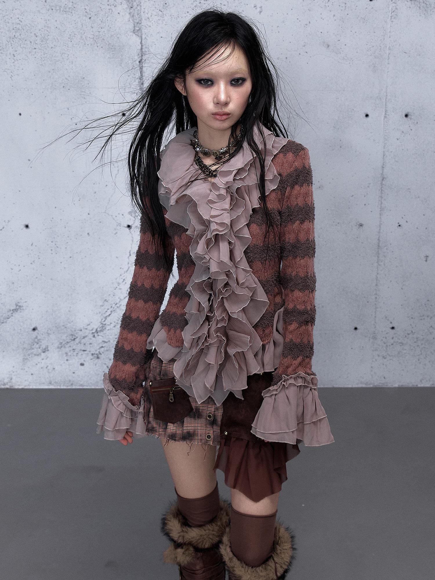 NO ROMANCE Wrinkle Resistant Vintage Slim Ruffle Collar Bell Sleeve Women Polyester Blouses