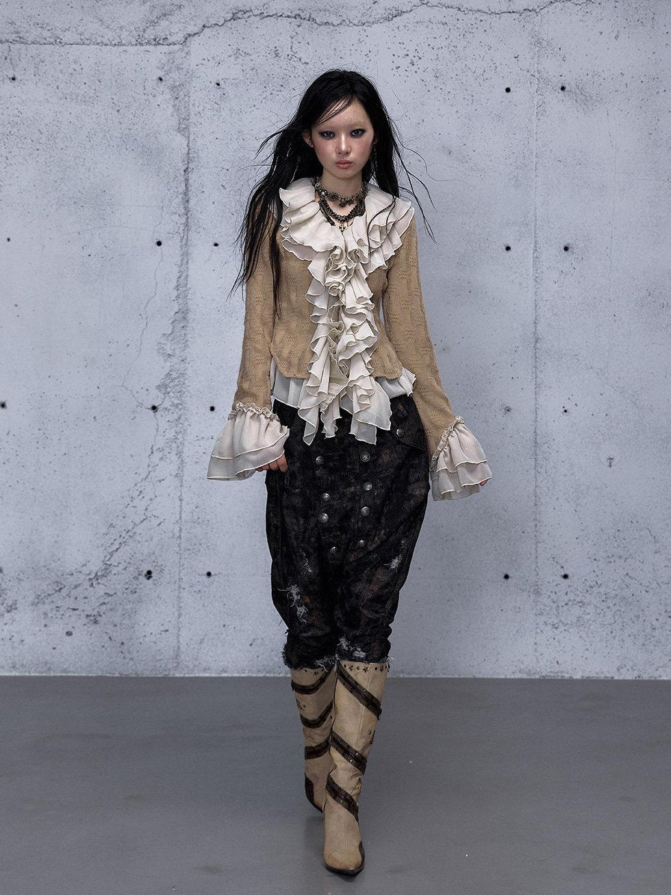 NO ROMANCE Wrinkle Resistant Vintage Slim Ruffle Collar Bell Sleeve Women Polyester Blouses