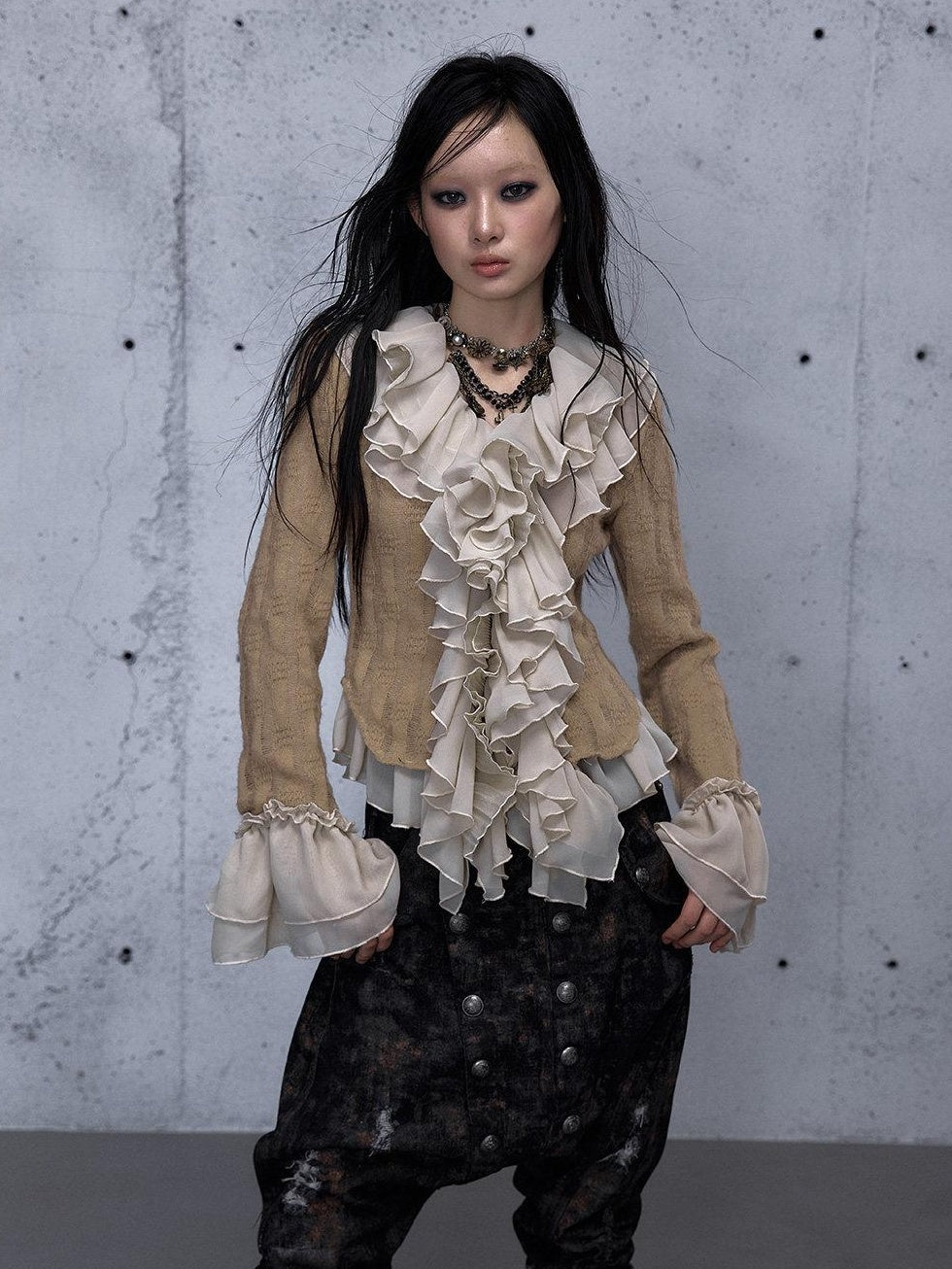 NO ROMANCE Wrinkle Resistant Vintage Slim Ruffle Collar Bell Sleeve Women Polyester Blouses