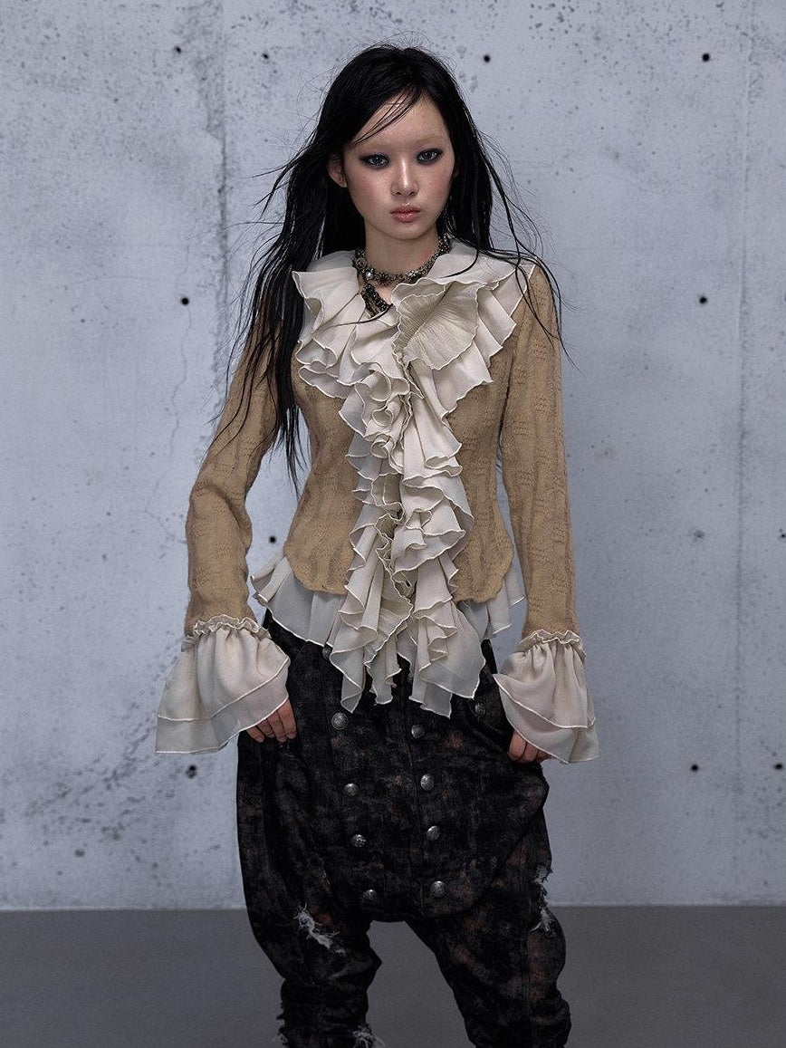 NO ROMANCE Wrinkle Resistant Vintage Slim Ruffle Collar Bell Sleeve Women Polyester Blouses