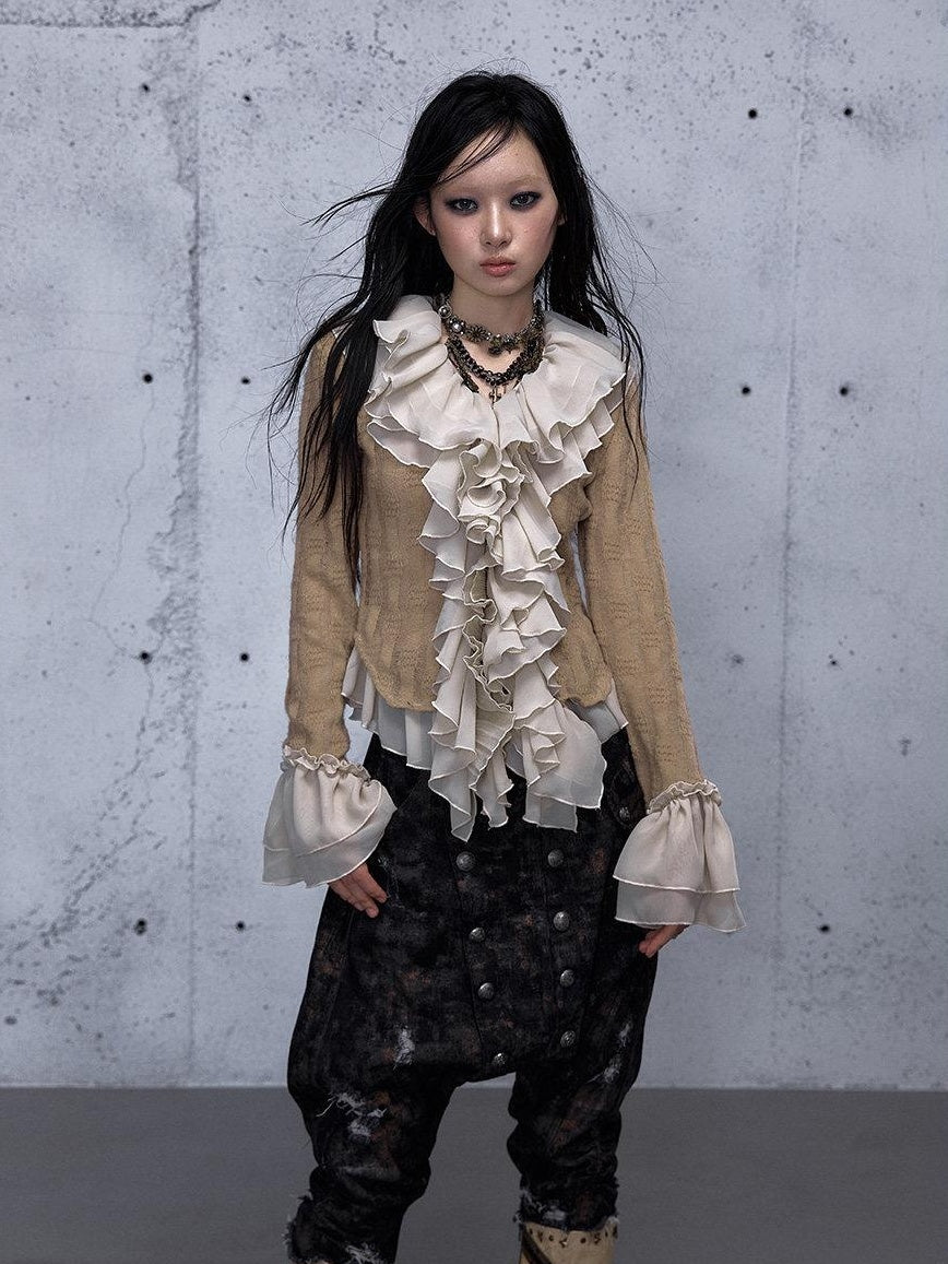 NO ROMANCE Wrinkle Resistant Vintage Slim Ruffle Collar Bell Sleeve Women Polyester Blouses