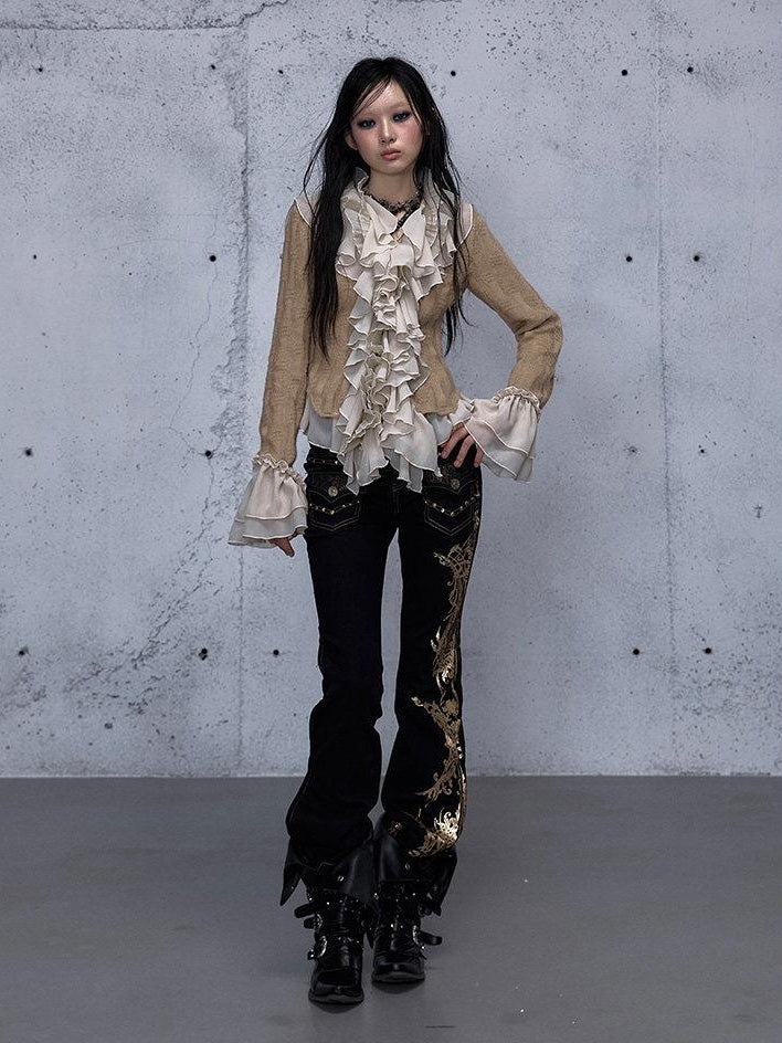 NO ROMANCE Wrinkle Resistant Vintage Slim Ruffle Collar Bell Sleeve Women Polyester Blouses