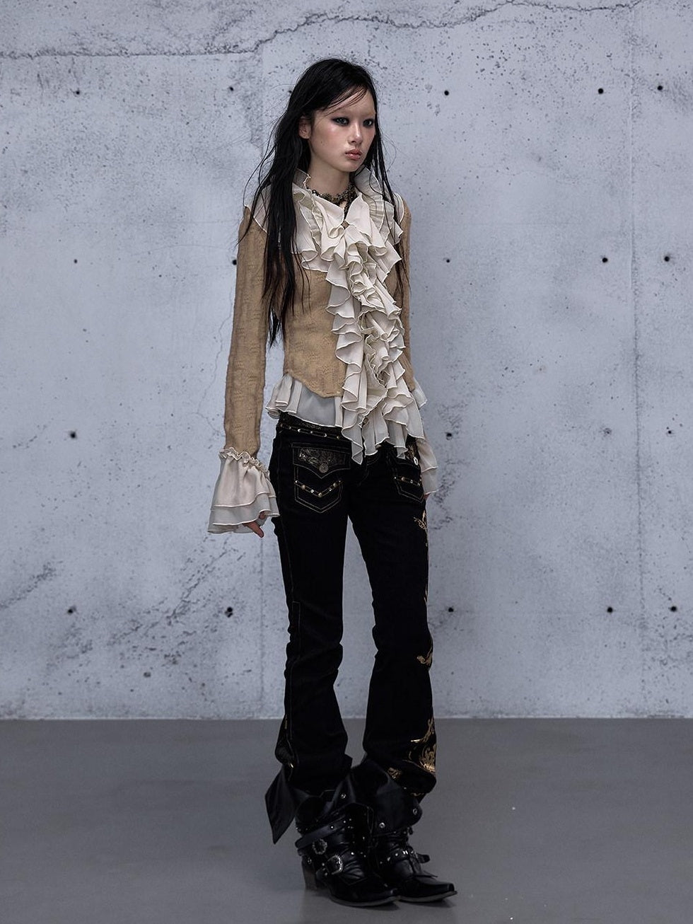 NO ROMANCE Wrinkle Resistant Vintage Slim Ruffle Collar Bell Sleeve Women Polyester Blouses