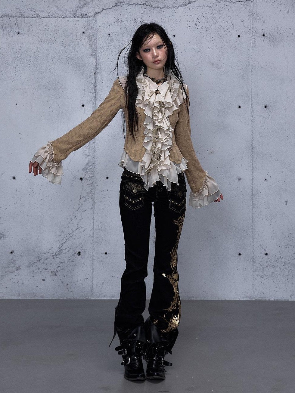 NO ROMANCE Wrinkle Resistant Vintage Slim Ruffle Collar Bell Sleeve Women Polyester Blouses