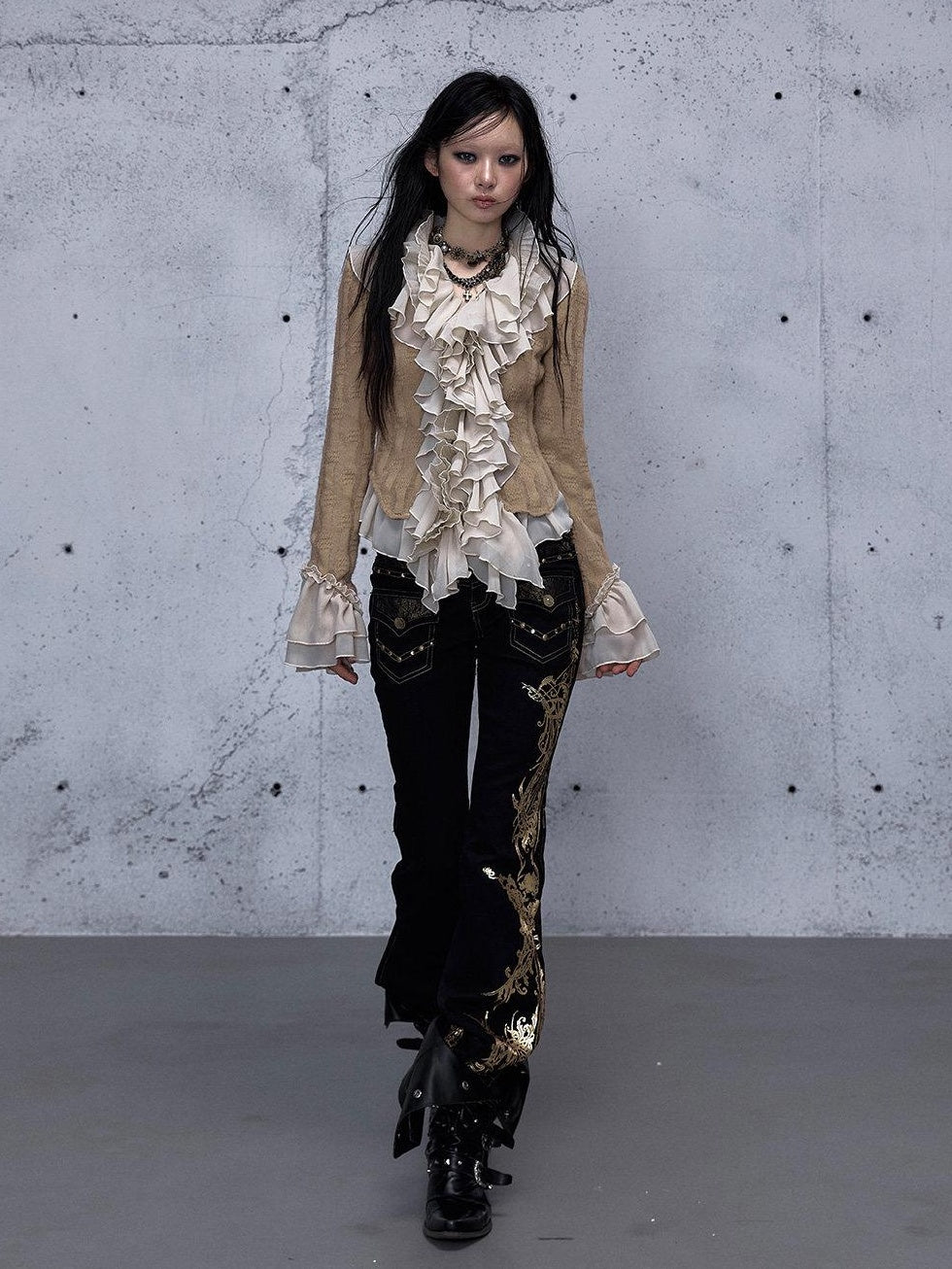 NO ROMANCE Wrinkle Resistant Vintage Slim Ruffle Collar Bell Sleeve Women Polyester Blouses