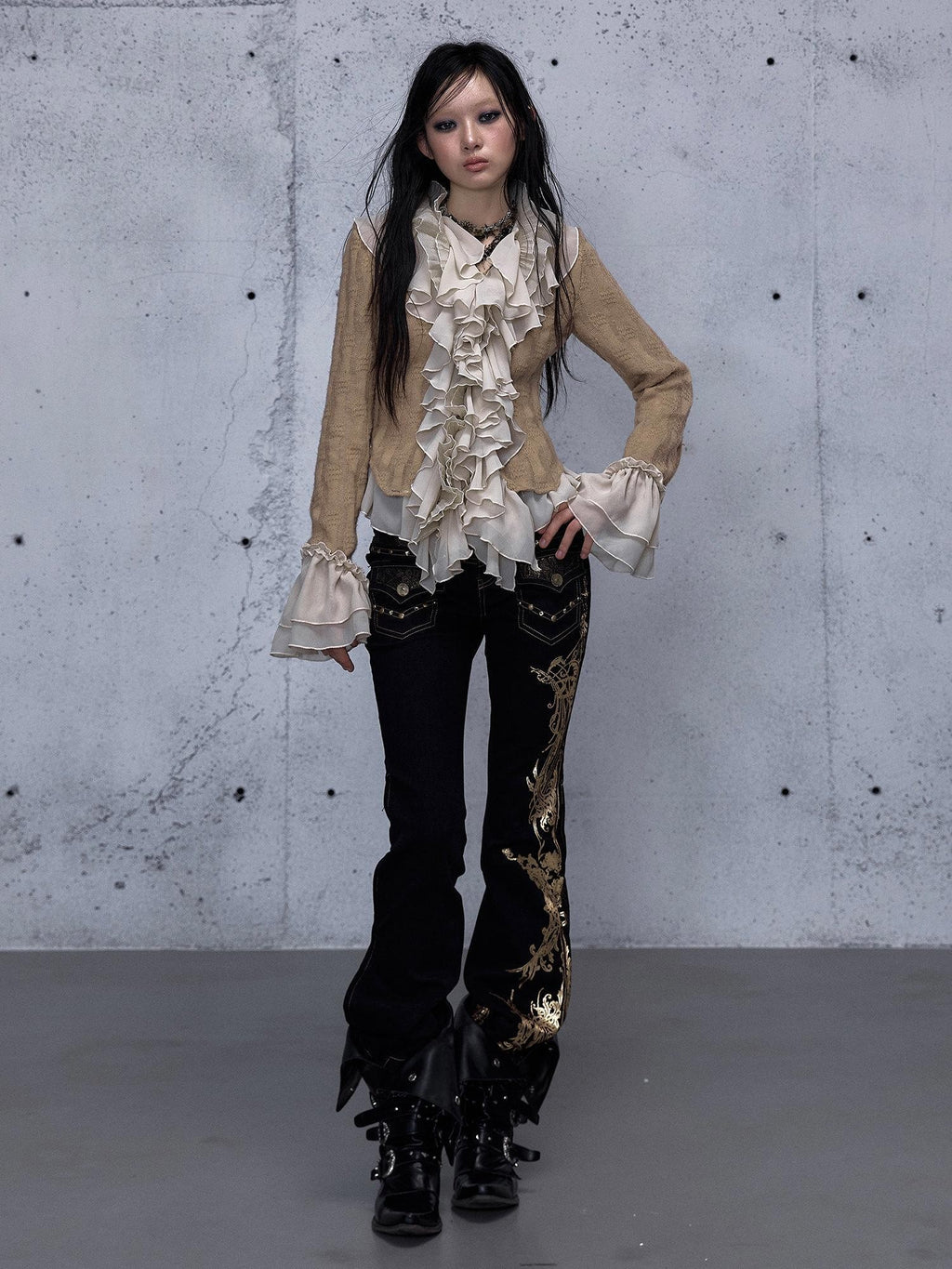 NO ROMANCE Wrinkle Resistant Vintage Slim Ruffle Collar Bell Sleeve Women Polyester Blouses