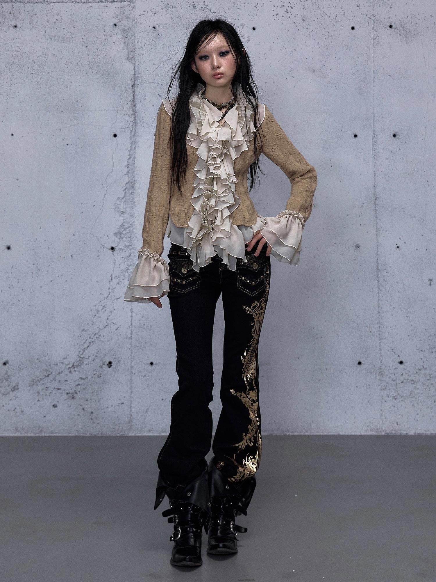 NO ROMANCE Wrinkle Resistant Vintage Slim Ruffle Collar Bell Sleeve Women Polyester Blouses