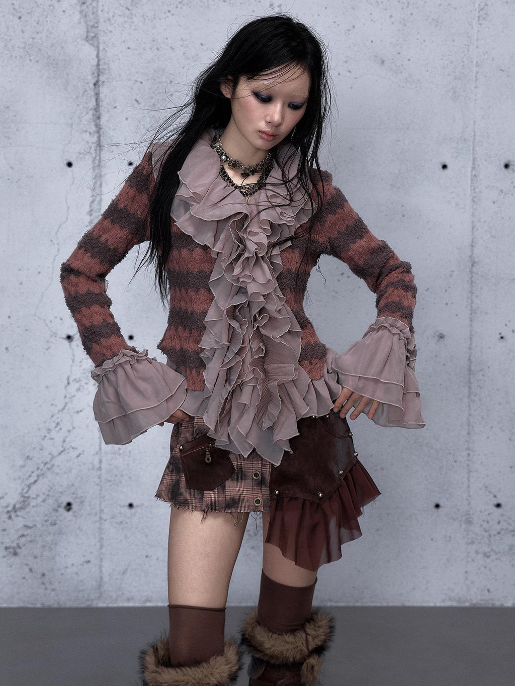 NO ROMANCE Wrinkle Resistant Vintage Slim Ruffle Collar Bell Sleeve Women Polyester Blouses