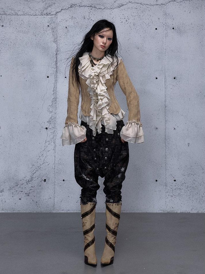 NO ROMANCE Wrinkle Resistant Vintage Slim Ruffle Collar Bell Sleeve Women Polyester Blouses
