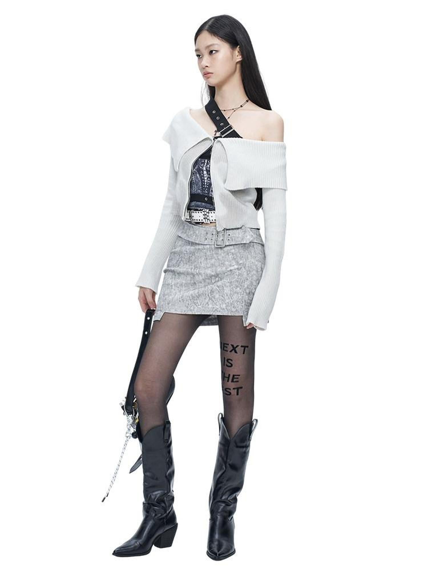 NextPassport MOF Beige Gray Cross Waist Slanted Belt Women's Cotton Blend Mini Skirts
