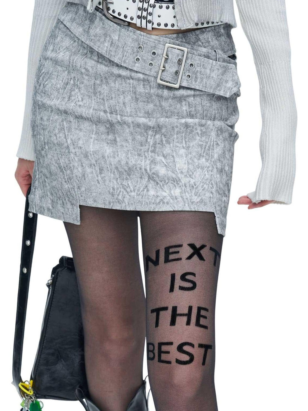 NextPassport MOF Beige Gray Cross Waist Slanted Belt Women's Cotton Blend Mini Skirts