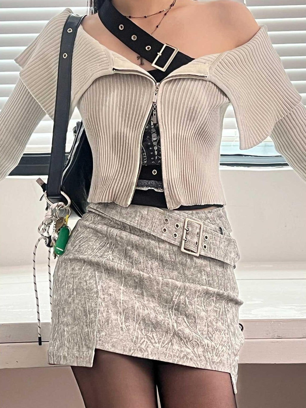 NextPassport MOF Beige Gray Cross Waist Slanted Belt Women's Cotton Blend Mini Skirts