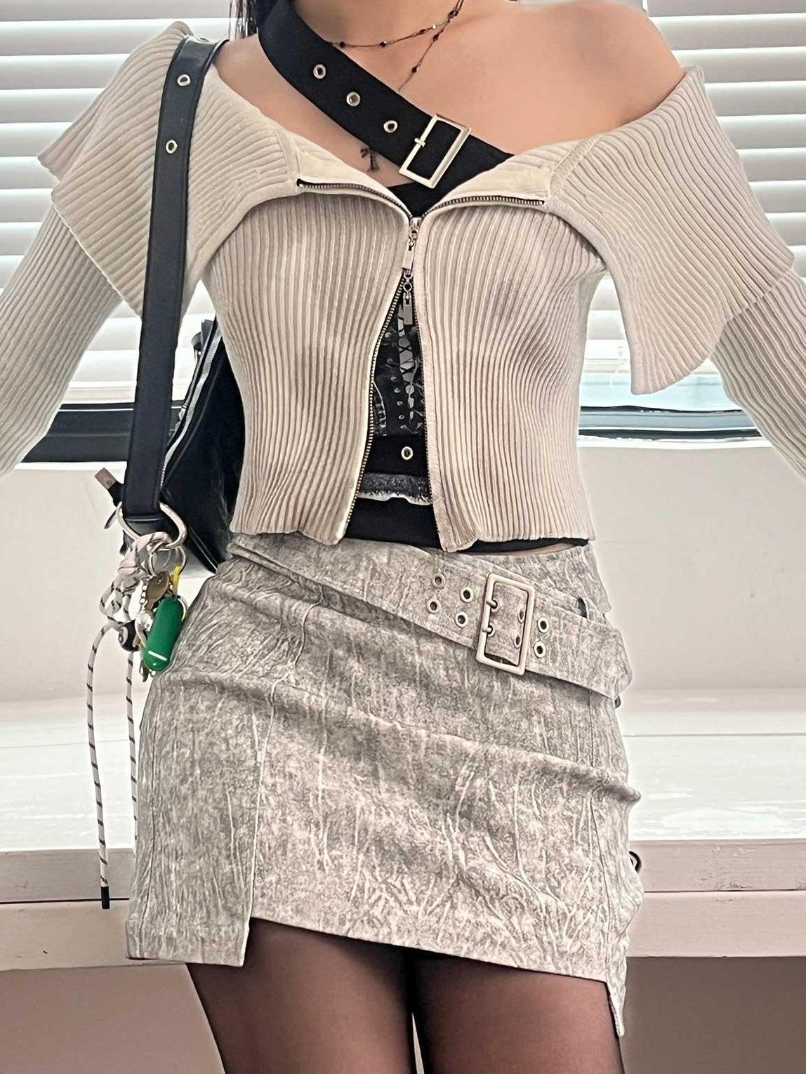 NextPassport MOF Beige Gray Cross Waist Slanted Belt Women's Cotton Blend Mini Skirts