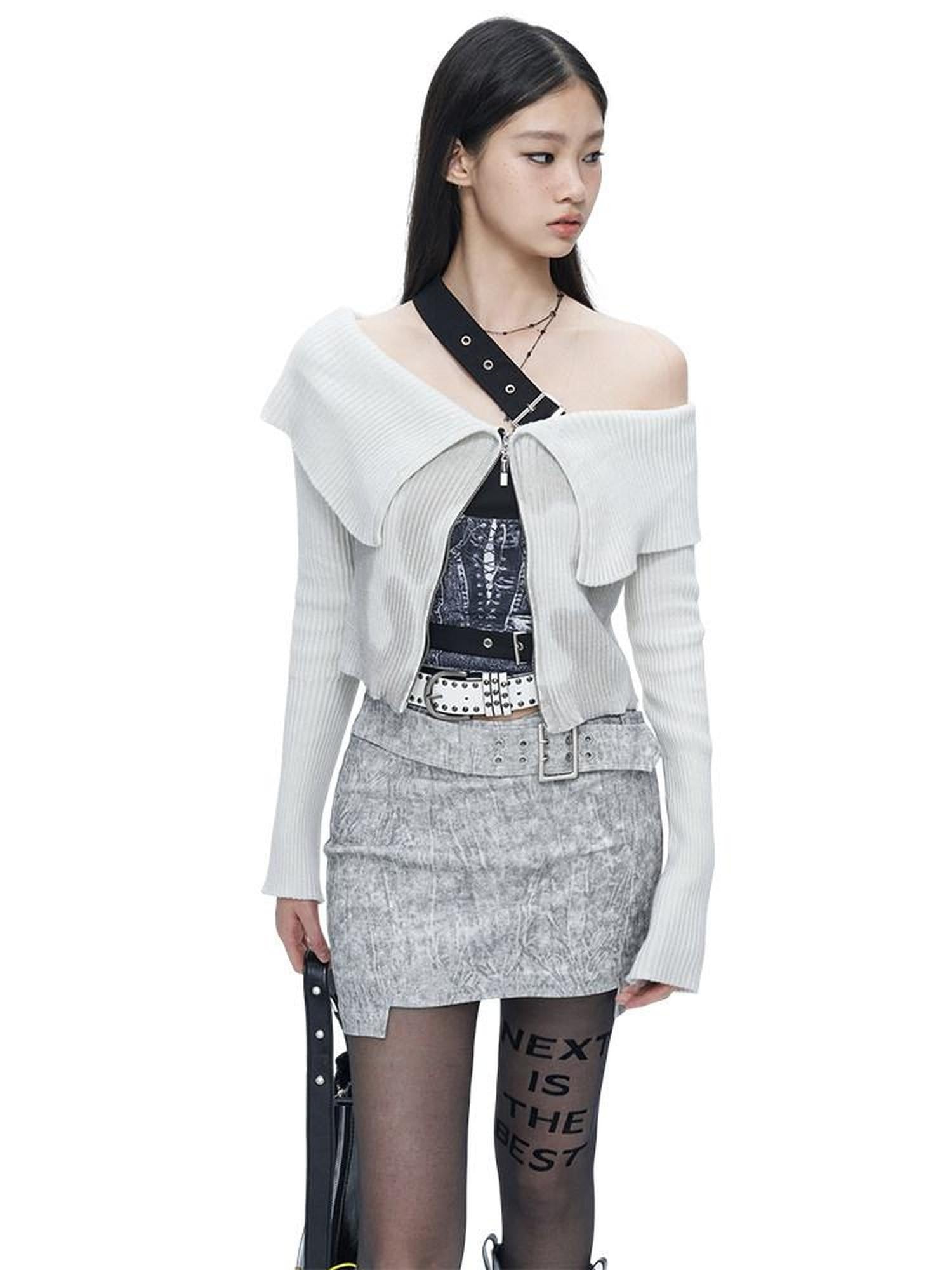 NextPassport MOF Beige Gray Cross Waist Slanted Belt Women's Cotton Blend Mini Skirts