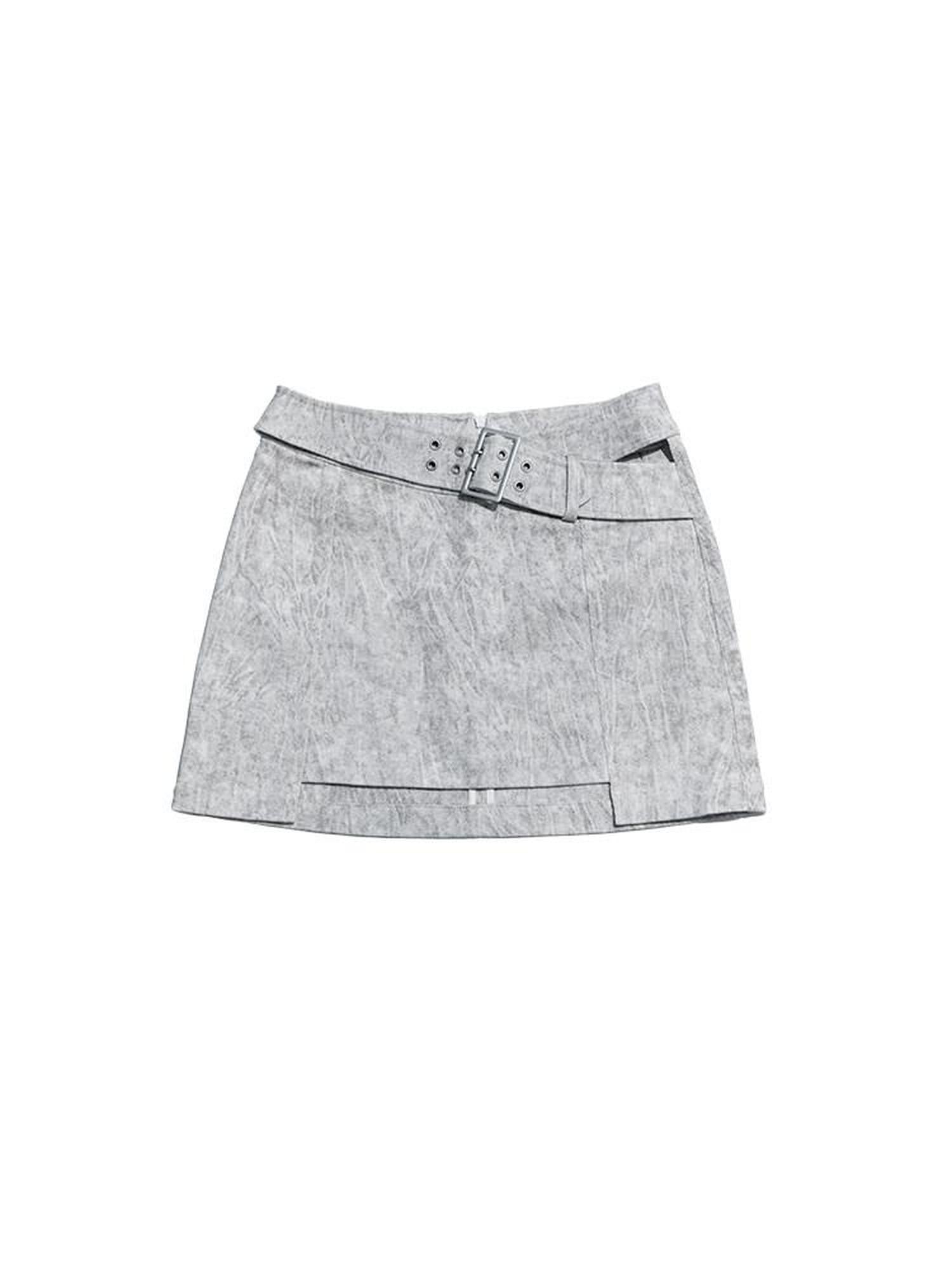 NextPassport MOF Beige Gray Cross Waist Slanted Belt Women's Cotton Blend Mini Skirts