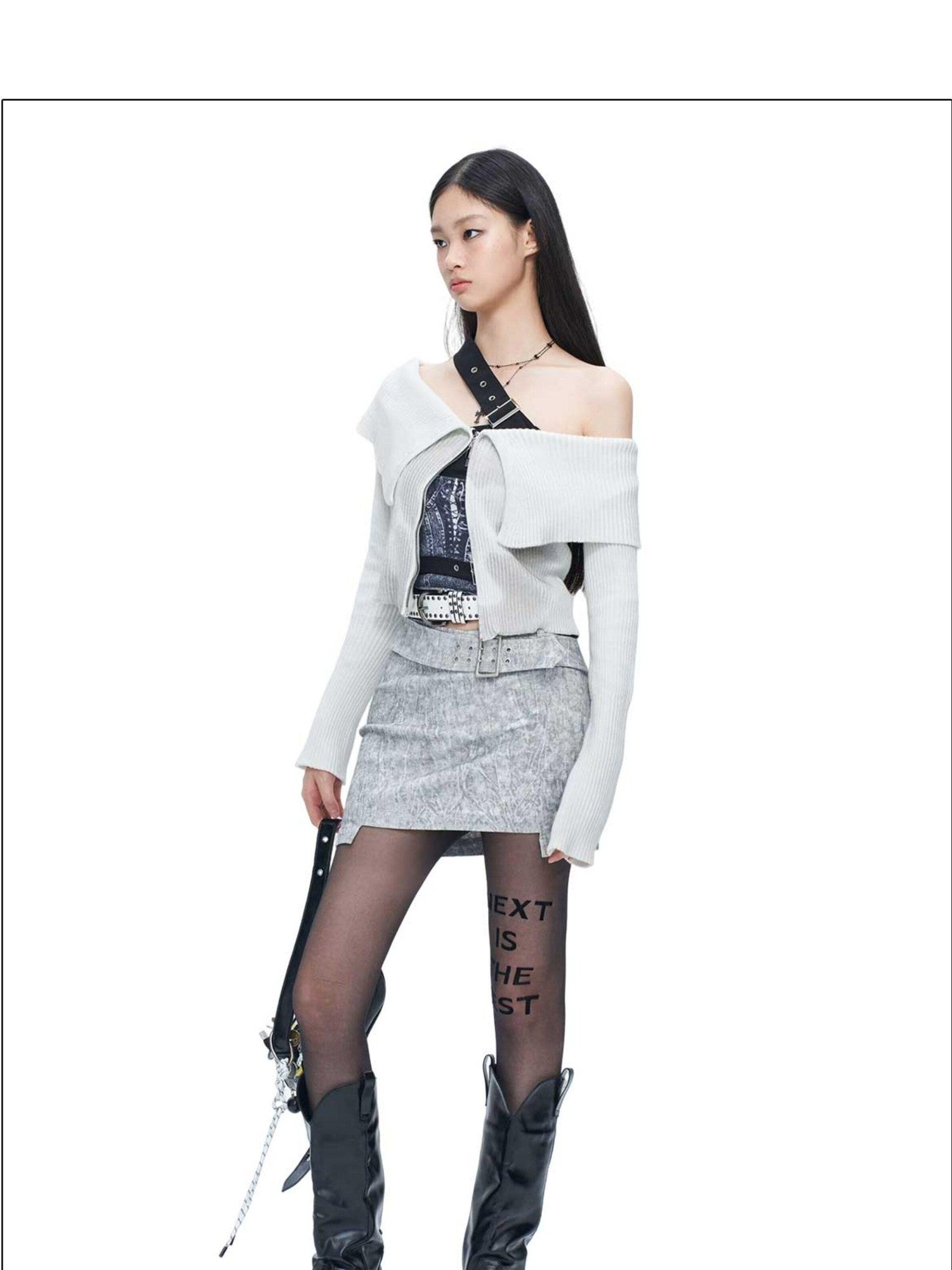 NextPassport MOF Beige Gray Cross Waist Slanted Belt Women's Cotton Blend Mini Skirts