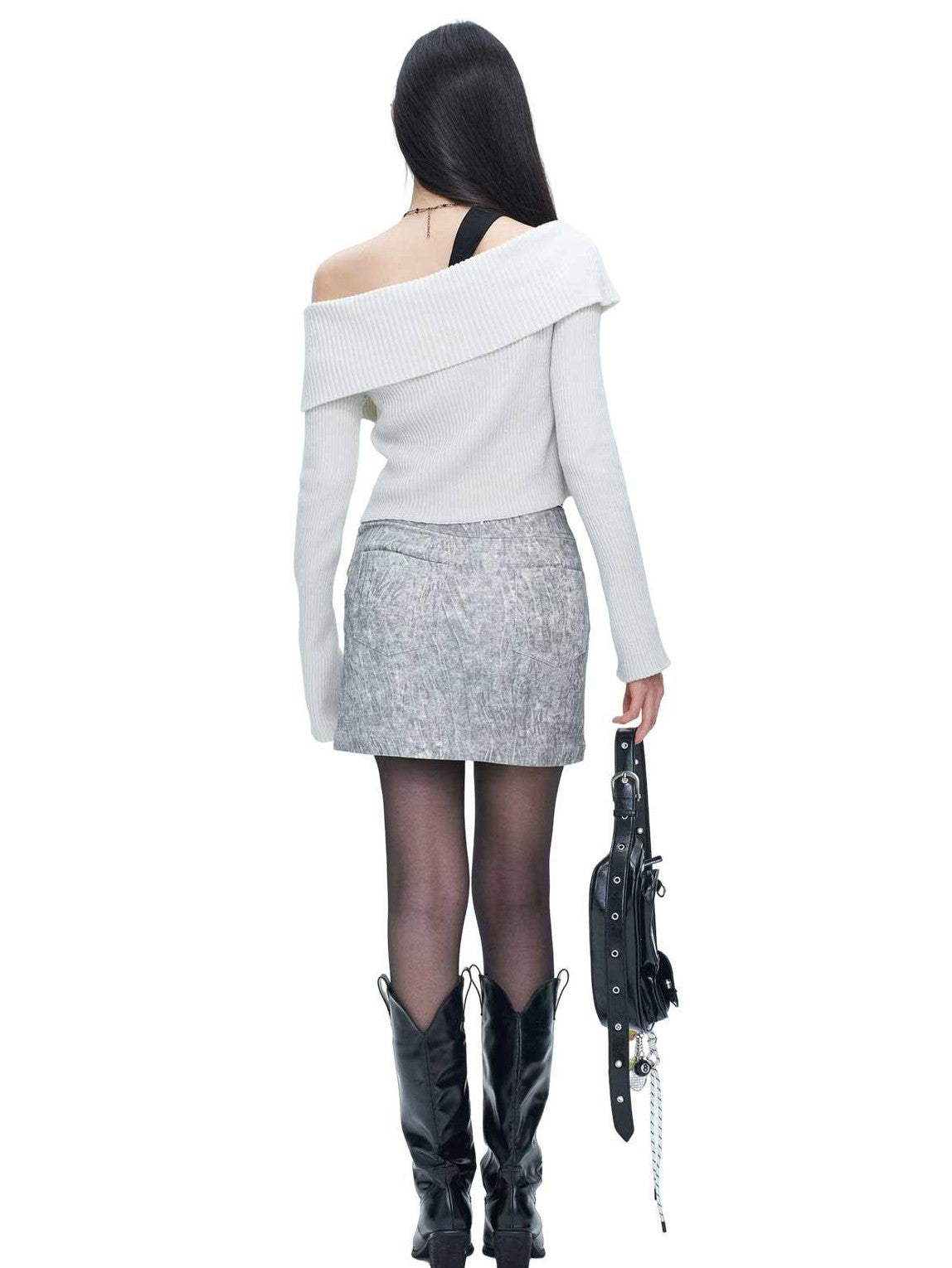 NextPassport MOF Beige Gray Cross Waist Slanted Belt Women's Cotton Blend Mini Skirts