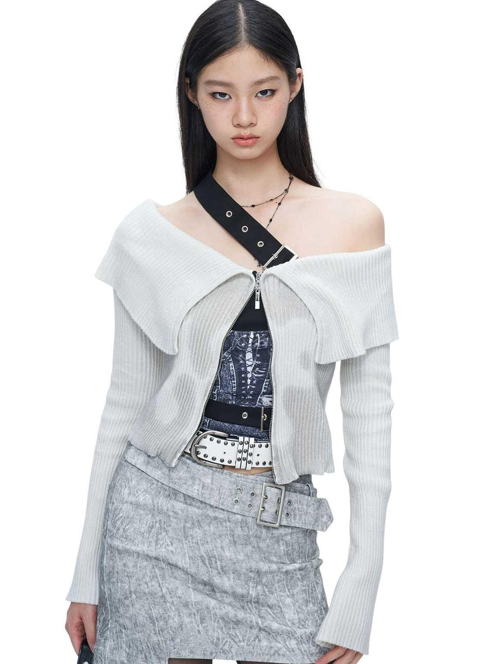 NextPassport MOF Beige Gray Cross Waist Slanted Belt Women's Cotton Blend Mini Skirts