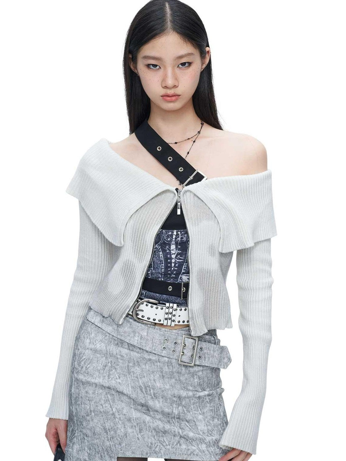 NextPassport MOF Beige Gray Cross Waist Slanted Belt Women's Cotton Blend Mini Skirts