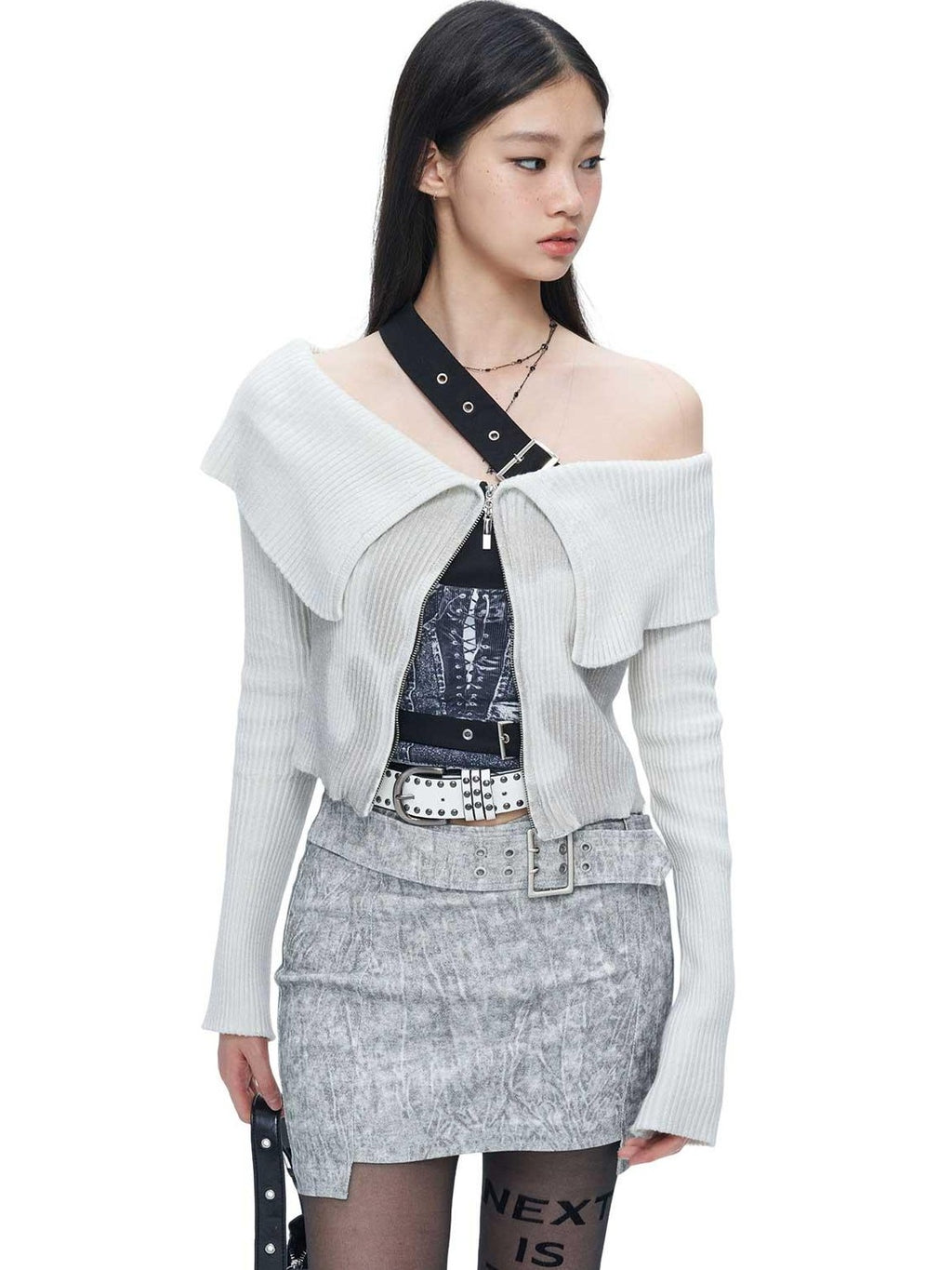 NextPassport MOF Beige Gray Cross Waist Slanted Belt Women's Cotton Blend Mini Skirts