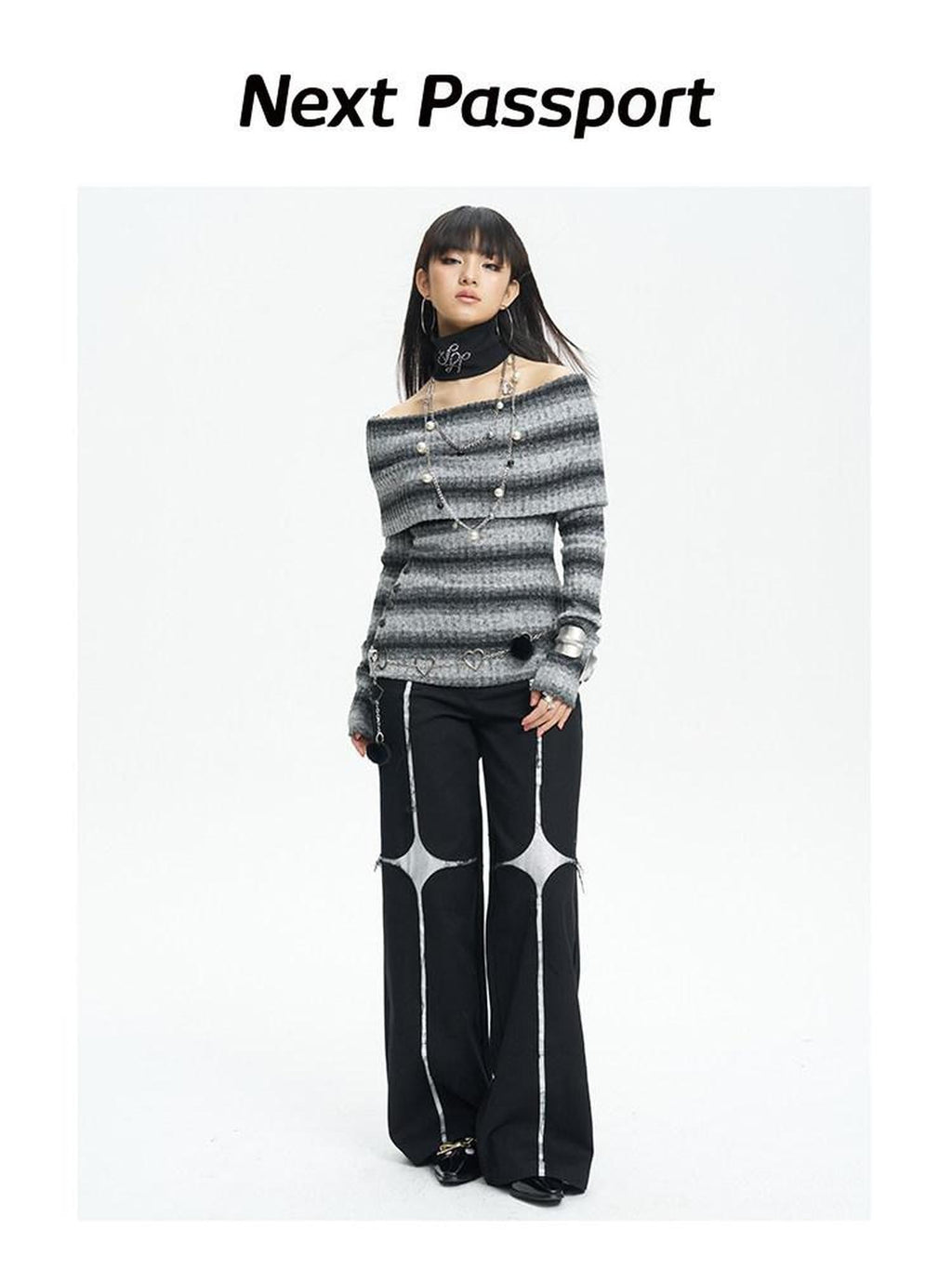 NextPassport MOF Black Asymmetric Silver Cross Sequin Women's Elastic Waist Wide-leg Pants