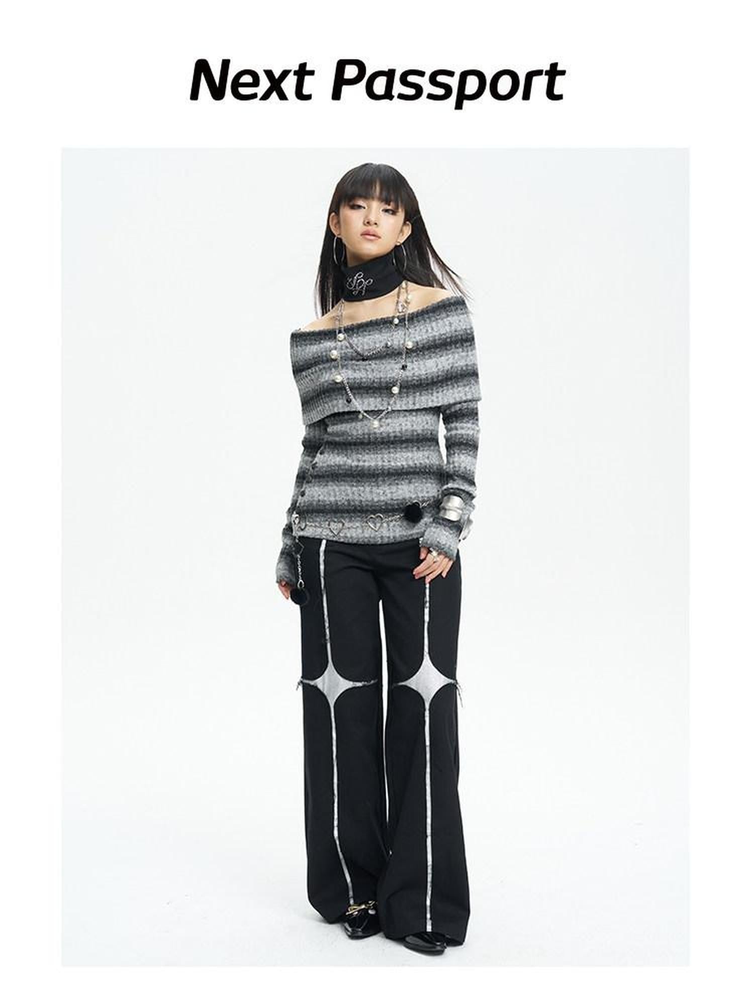 NextPassport MOF Black Asymmetric Silver Cross Sequin Women's Elastic Waist Wide-leg Pants