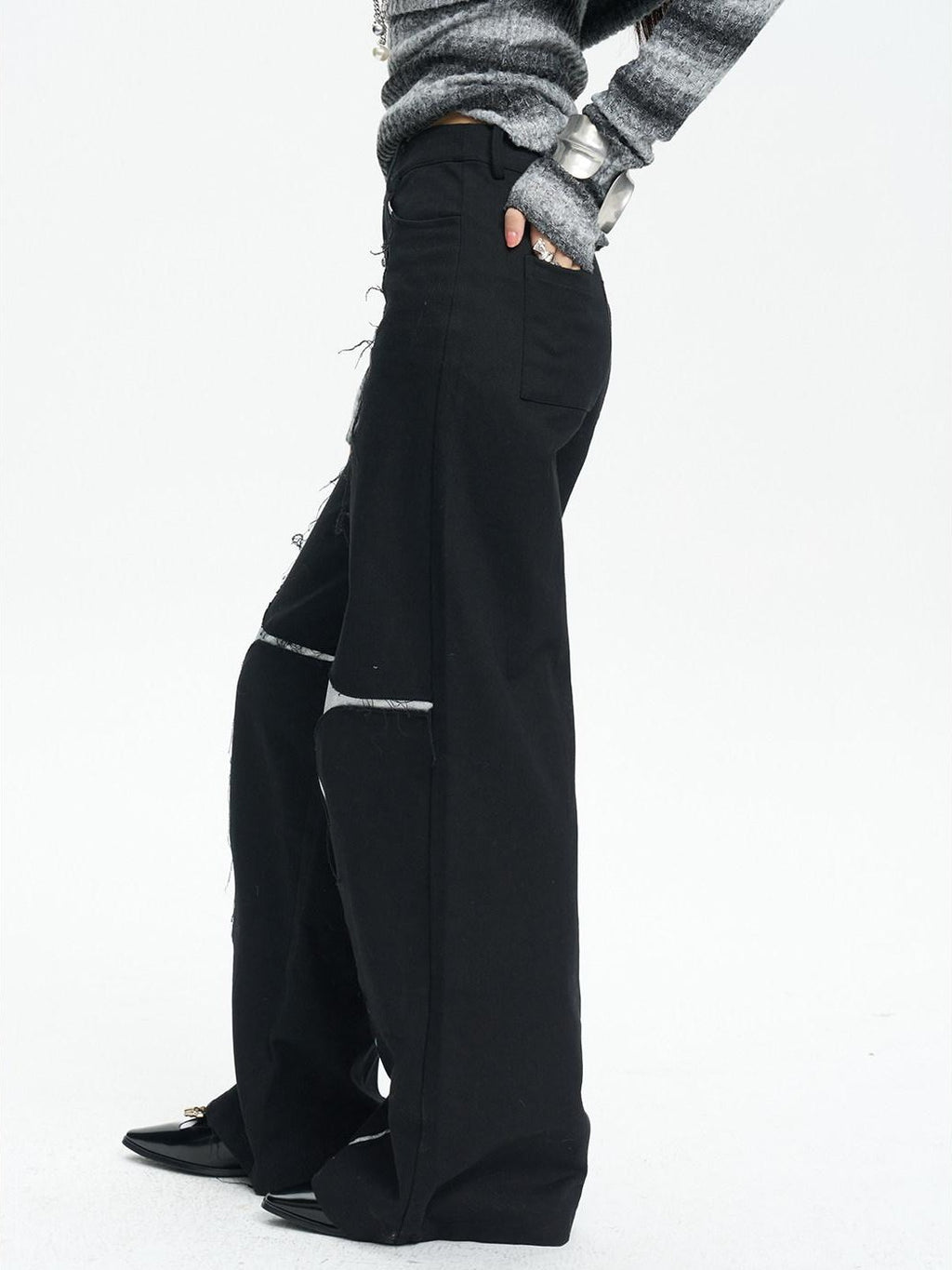 NextPassport MOF Black Asymmetric Silver Cross Sequin Women's Elastic Waist Wide-leg Pants