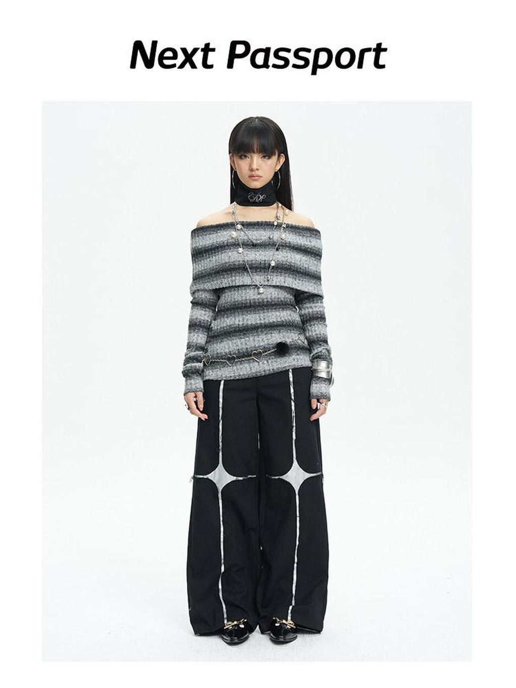 NextPassport MOF Black Asymmetric Silver Cross Sequin Women's Elastic Waist Wide-leg Pants