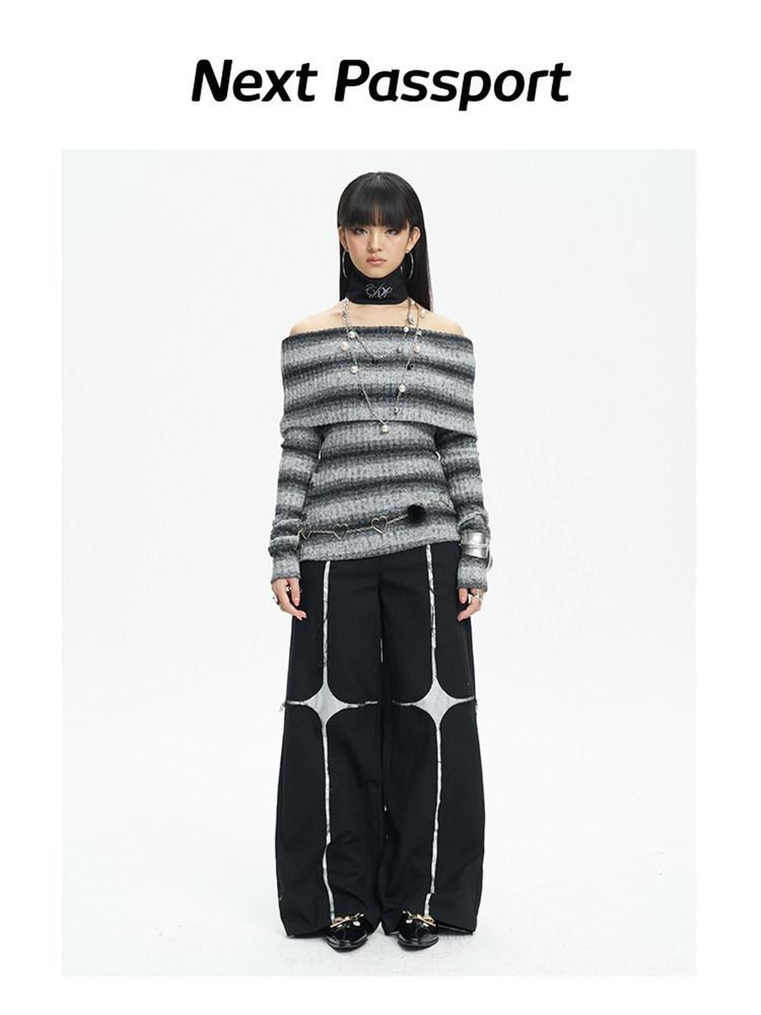 NextPassport MOF Black Asymmetric Silver Cross Sequin Women's Elastic Waist Wide-leg Pants