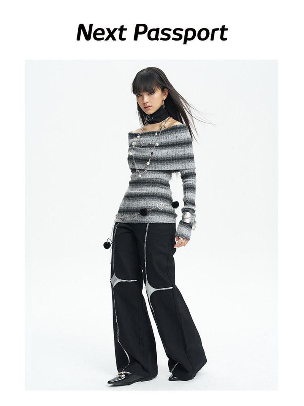 NextPassport MOF Black Asymmetric Silver Cross Sequin Women's Elastic Waist Wide-leg Pants