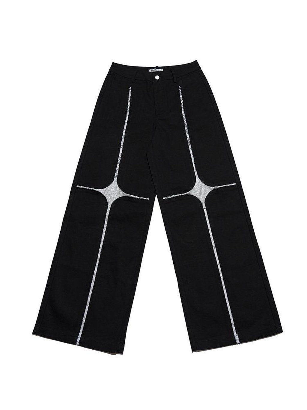 NextPassport MOF Black Asymmetric Silver Cross Sequin Women's Elastic Waist Wide-leg Pants