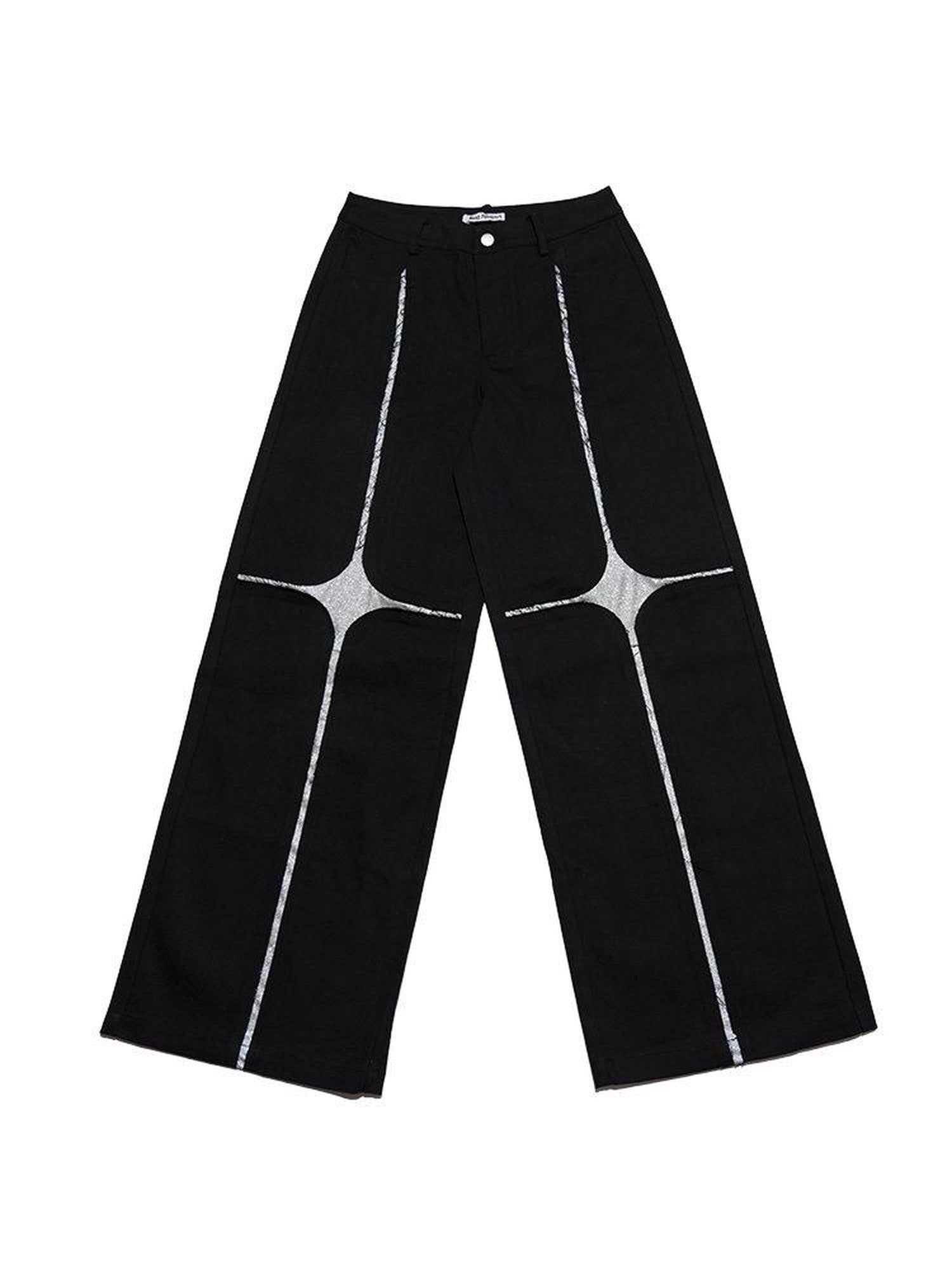 NextPassport MOF Black Asymmetric Silver Cross Sequin Women's Elastic Waist Wide-leg Pants