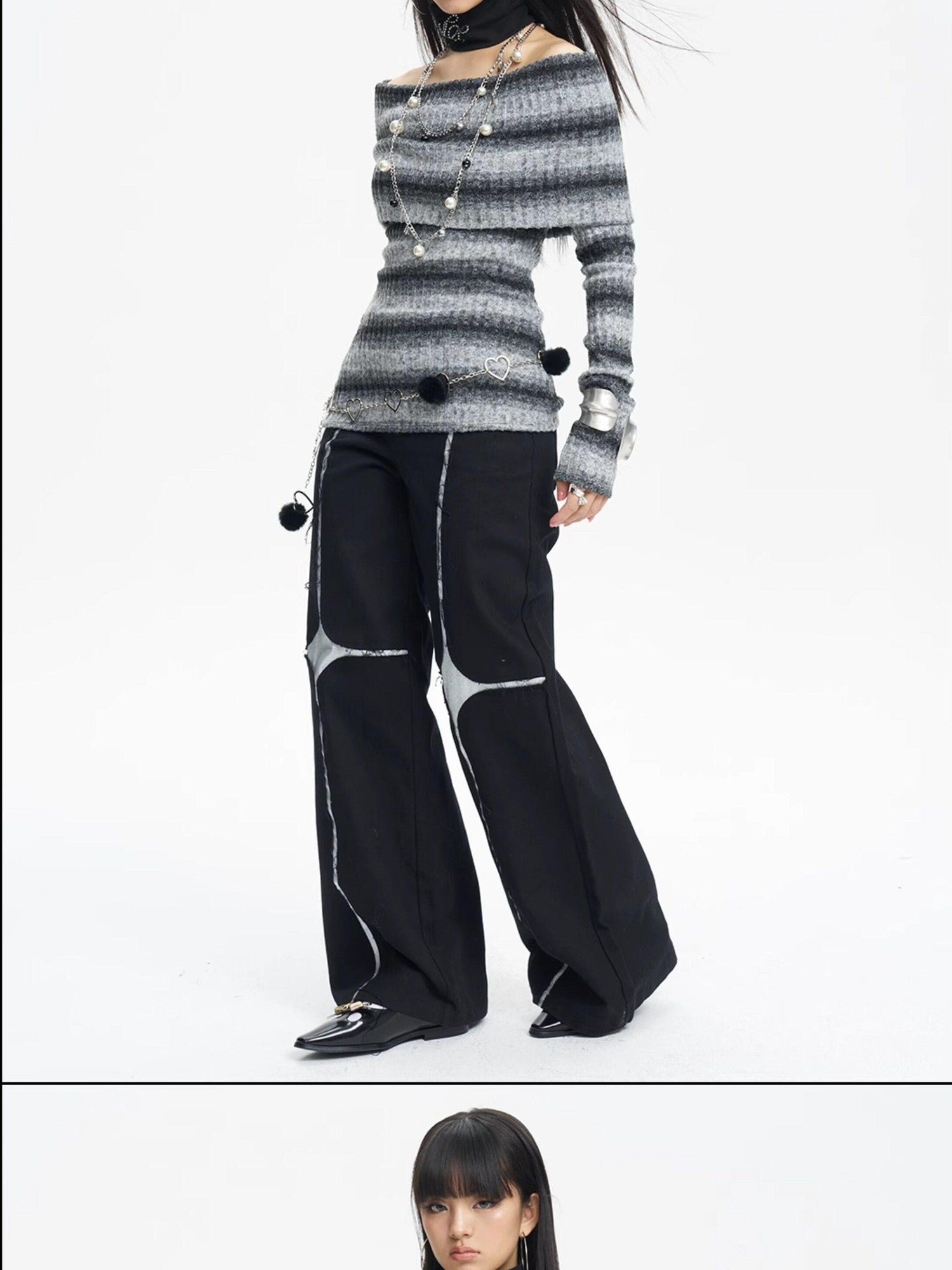 NextPassport MOF Black Asymmetric Silver Cross Sequin Women's Elastic Waist Wide-leg Pants